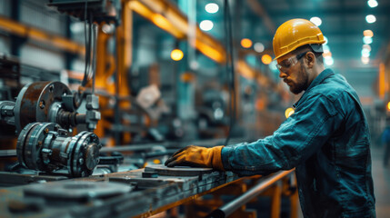 Wall Mural - A factory worker in safety gear operating machinery in an industrial setting, highlighting manufacturing and labor.