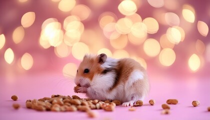 Wall Mural - hamster while fooding against pink fairy lights background