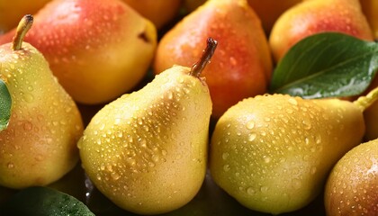 Wall Mural - fresh ripe pears with water drops background fruits backdrop generative ai