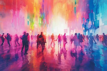 Poster - colorful abstract digital art of people walking in a vibrant, futuristic cityscape with dynamic ligh