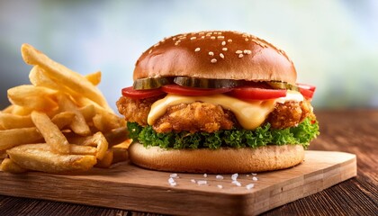 fresh and juicy chicken burger with french fries on the wooden table fast food advertising