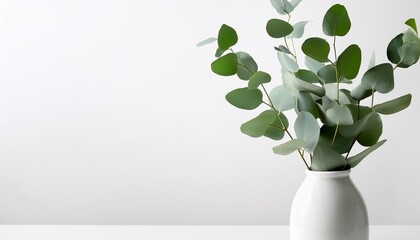 Wall Mural - green eucalyptus branches in a white vase against a white background