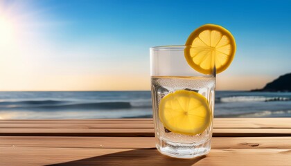 Wall Mural - illustration of a glass of water with a lemon slice sitting on a table by the ocean