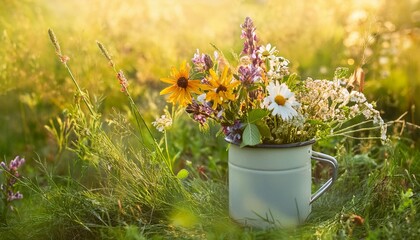 Sticker - summer background wild flowers and herbs in old metal mug on meadow sunny natural background useful medicinal plants harvest for treatment products beautiful image of wild nature copy space