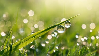 Wall Mural - transparent drops of water dew on grass close up natural background