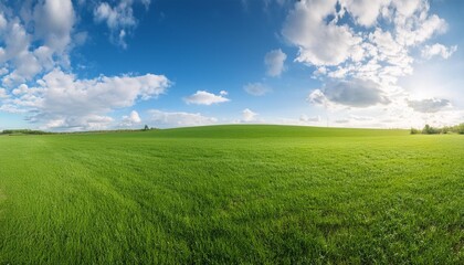 Sticker - panoramic view of a beautiful green grass field with a blue sky and white clouds in the background