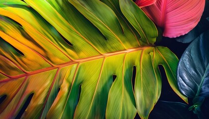 Sticker - closeup nature view of colorful leaf background flat lay nature banner concept tropical leaf