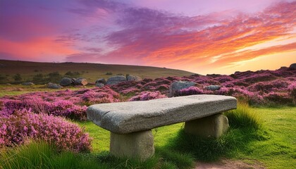 Poster - stone bench in a field at sunset with vibrant sky