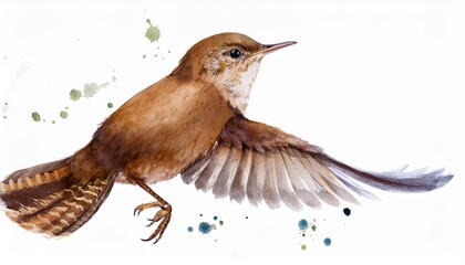 flying wren bird in watercolour on white background