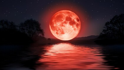 Poster - illustration with full red moon over night water