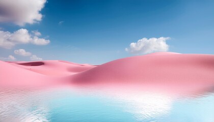 Wall Mural - 3d render modern abstract minimalist background water in the middle of the pink desert under the blu