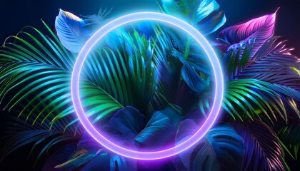 Canvas Print - a glowing neon circle with jungle plants