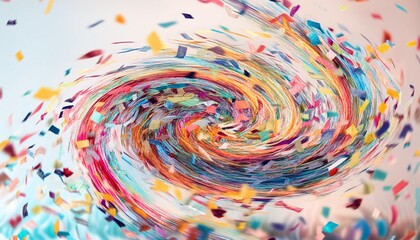 Wall Mural - vibrant vortex of colorful confetti swirls in chaotic dance against neutral backdrop dense spiral formation exudes celebration capturing essence of festive atmosphere