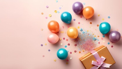 Wall Mural - colorful balloons and confetti spill out of a gift box in a birthday party flat lay