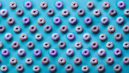 Poster - lilac view doughnuts fashionable classic pattern traditional flat orientation blue horizontal lay background top trendy regular rhythmic glaze seamless design