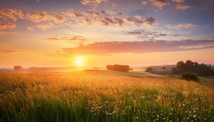 Wall Mural - beautiful morning natural summer landscape with a field of wild grass and textured expressive sky vibrant gold sunrise over a rural landscape