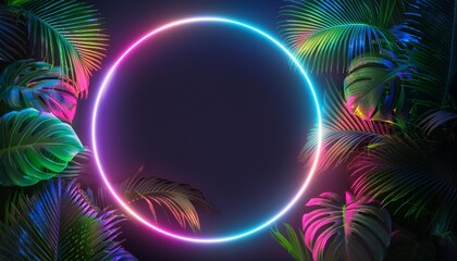 Wall Mural - a glowing neon circle with jungle plants