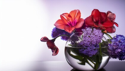 Poster - abstract floral still life with purple and red flowers and double exposure