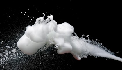 Wall Mural - white foam bubble soap shampoo splash explosion in the air on black background freeze stop motion ph