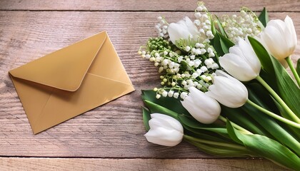 Poster - white tulips and a lily of the valley bouquet beside an envelope on a rustic wooden background a springtime composition white tulips with envelope on wooden background