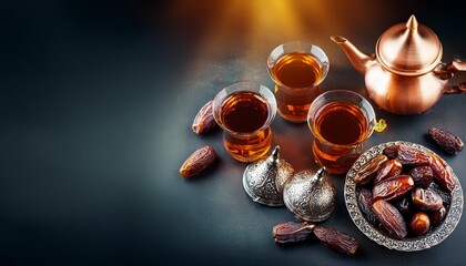 ramadan food and drinks concept ramadan tea and dates fruits on dark background