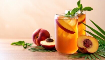 Canvas Print - peach cocktail iced peach tea fruit drink with fresh fruits and tropical leaves