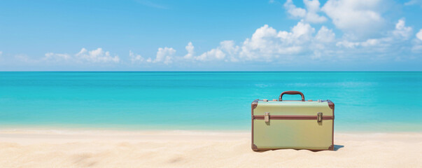 Suitcase On Sandy Beach With blue sky summer holiday travel concept