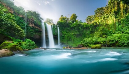 Poster - detailed illustration majestic waterfall and green jungles natural landscape scenery of wild nature