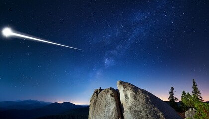 Wall Mural - night star sky and meteor over rock