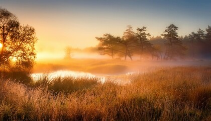 Poster - the gorgeous autumn misty sunrise scene on the wetland foggy morning at scenic high grass copse