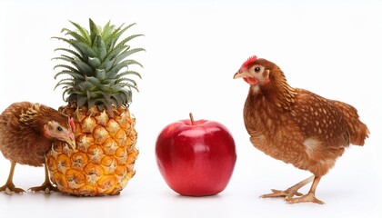 two brown chickens pineapple and red apple on white background