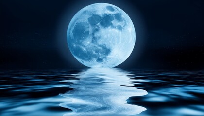 Wall Mural - big blue moon reflected in dark wavy water surface