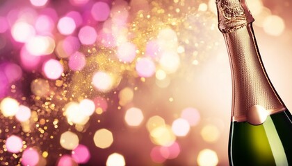 Poster - a champagne bottle with glitter glow pink gold dust and bokeh idea for celebration background