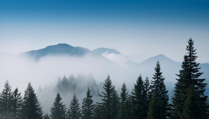 Sticker - mountains pine trees in front of a misty sky soft blues grays create a peaceful setting