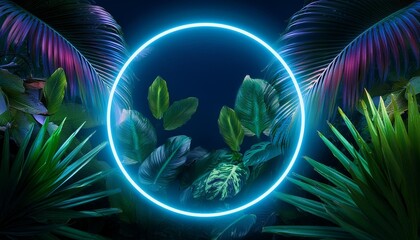 Wall Mural - a glowing neon circle with jungle plants