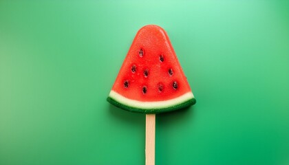 Sticker - watermelon popsicle on green colored backdrop bright summer background lollipop in piece of watermelon shape candy on a stick top view copy space