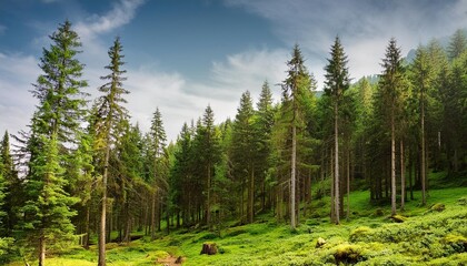 Sticker - lush green pine forest in wilderness mountains forrest of fresh growth