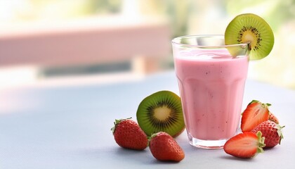 Poster - a glass of pink smoothie with strawberries and kiwi