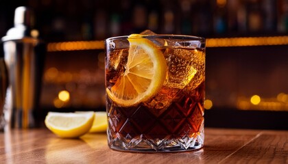 Wall Mural - cocktail with ice glass of whiskey on counter rum and cola closeup in a moody bar alcoholic beverage still in a bar with moody lightning drink in glass with lemon alcohol in glass bar