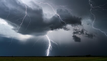 Wall Mural - lightning and stormy grey clouds realistic cinemaitic