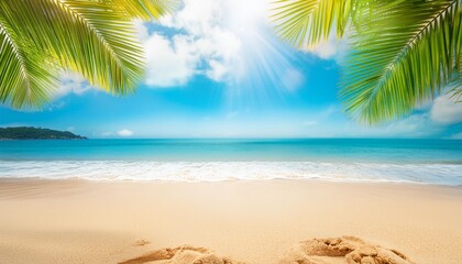 Poster - summer background with frame nature of tropical golden beach with rays of sun light and leaf palm golden sand beach close up sea blue sky white clouds copy space summer vacation concept