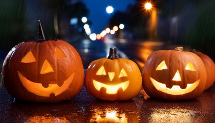 lit pumpkins on rainy halloween night generative ai