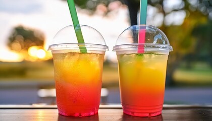 Wall Mural - two vibrant fizzy drinks in clear plastic cups each adorned with straws are captured in a close up that emphasizes their vivid colors and refreshing appeal