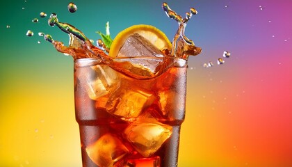 Wall Mural - refreshing long island iced tea cocktail with splash on multi colored background