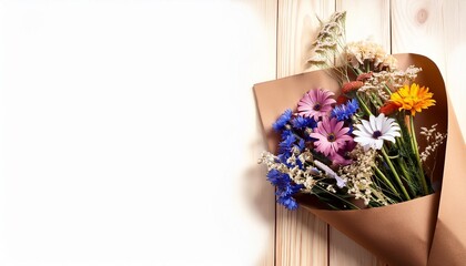 Wall Mural - overhead shot of a wildflower bouquet wrapped in brown paper placed on a wooden table