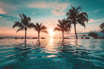 Poster - Pool scene with palm trees and sunset background, ideal for tropical or vacation themes