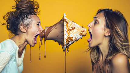 Wall Mural - Two women: one screams into an ice cream cone megaphone, the other licks it.generative ai