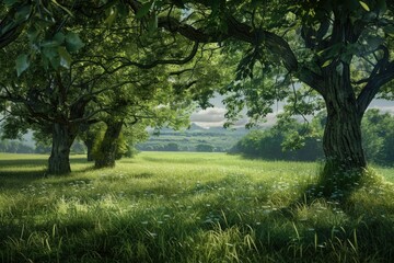 Poster - A peaceful landscape with lush greenery and towering trees, ideal for nature-inspired designs or outdoor-themed projects