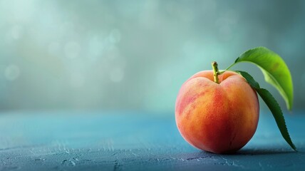 Wall Mural - Fresh, ripe peach on blue surface with green leaves