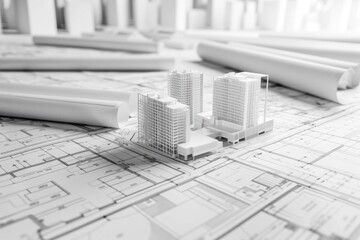 Aufkleber - Urban planning illustration featuring a 3D city model on a detailed blueprint